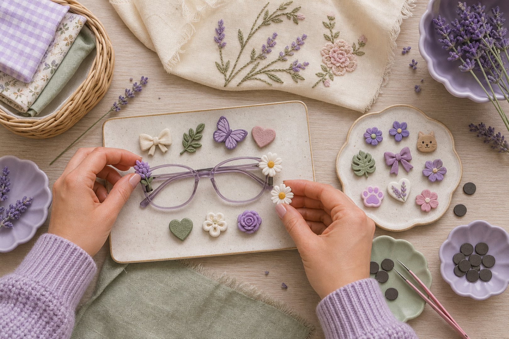 Craft table with magnetic eye toppers and embroidery